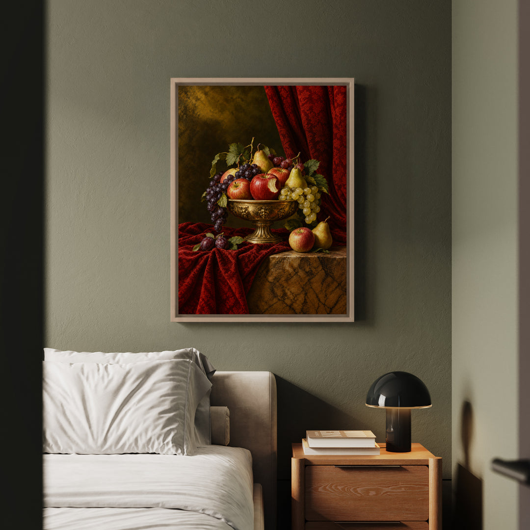 Still Life With One Bite Missing – Kitchen Wall Art with a Renaissance Fruit Scene – Framed Canvas Wall Art