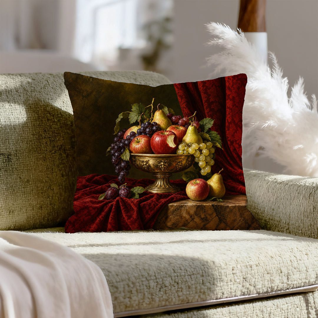 Still Life With One Bite Missing – Kitchen Decor with a Renaissance Fruit Scene – Throw Pillow