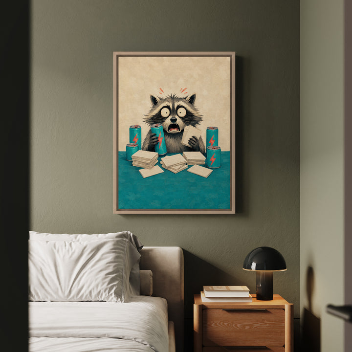 The All-Nighter – Dorm Room Decor with Energy Drinks and Flashcards – Framed Canvas Wall Art