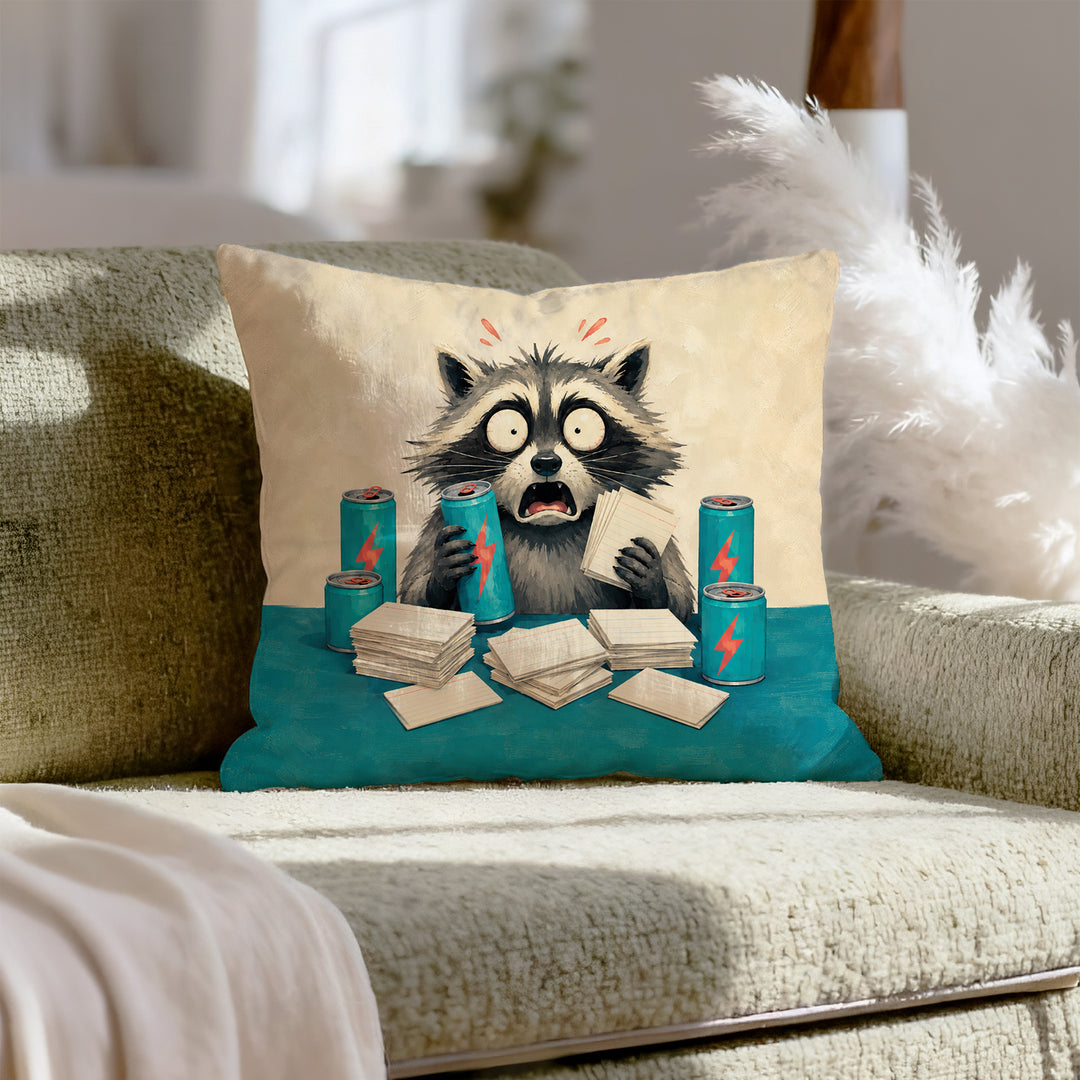 The All-Nighter – Dorm Room Decor with Energy Drinks and Flashcards – Pillow Cover