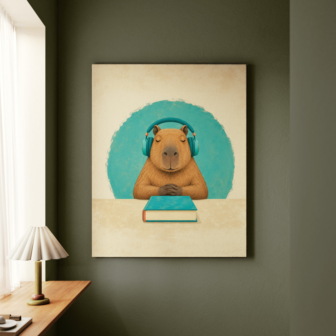 Study Break – Dorm Room Decor with Headphones and a Calm Capybara – Canvas / Framed Canvas