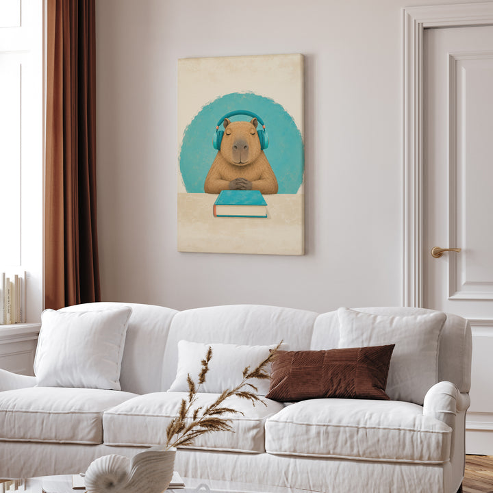 Study Break – Dorm Room Decor with Headphones and a Calm Capybara – Canvas Wall Art