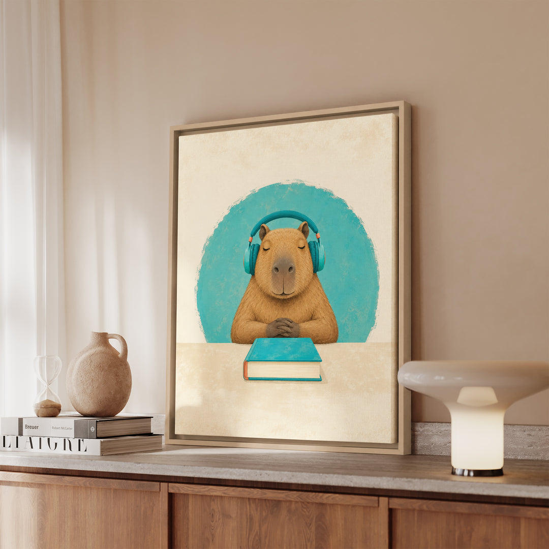 Study Break – Dorm Room Decor with Headphones and a Calm Capybara – Canvas / Framed Canvas
