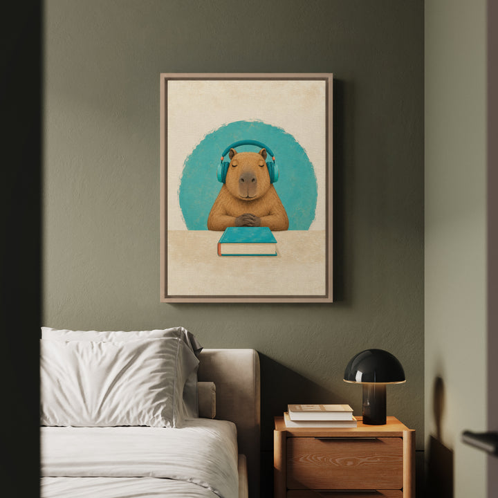 Study Break – Dorm Room Decor with Headphones and a Calm Capybara – Canvas / Framed Canvas
