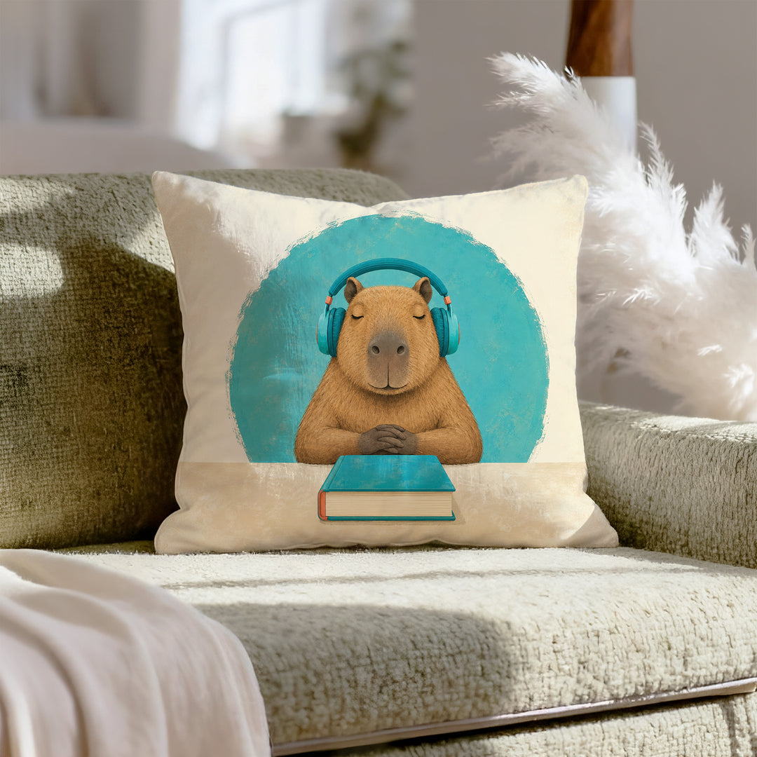 Study Break – Dorm Room Decor with Headphones and a Calm Capybara – Throw Pillow