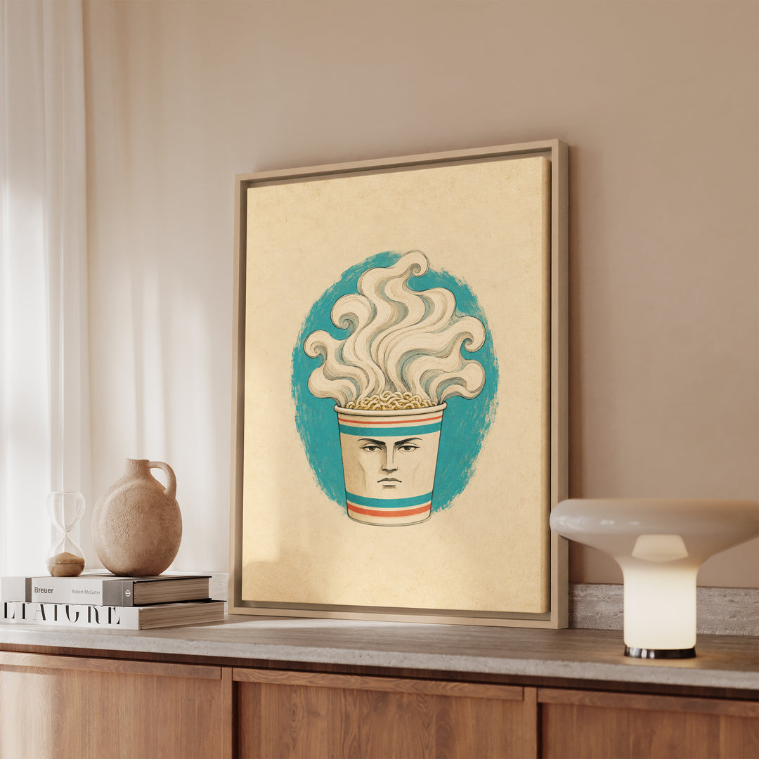 Instant Noodles: A Portrait – Dorm Room Decor with a Heroic Ramen Cup Painting – Framed Canvas Wall Art