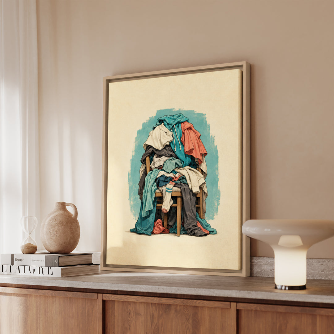 The Chair – Dorm Room Decor with an Eternal Clothes Pile – Framed Canvas Wall Art