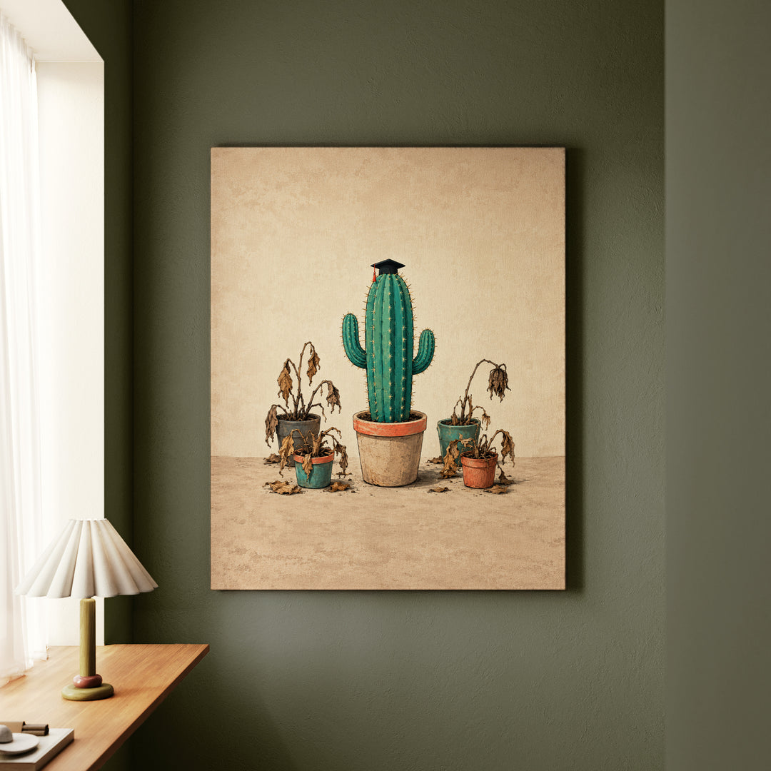 Survivor: Finals Week – Dorm Room Decor with a Cactus in a Graduation Cap – Canvas Wall Art