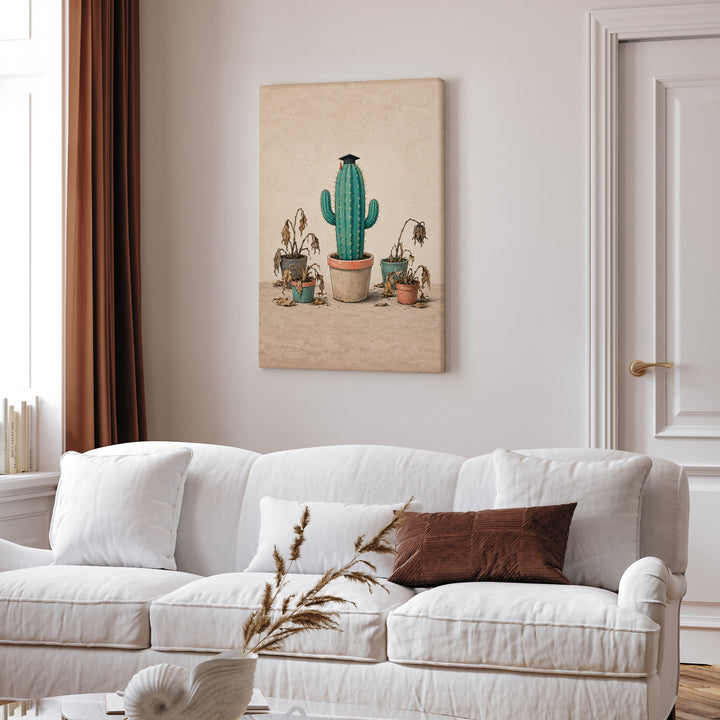 Survivor: Finals Week – Dorm Room Decor with a Cactus in a Graduation Cap – Canvas Wall Art