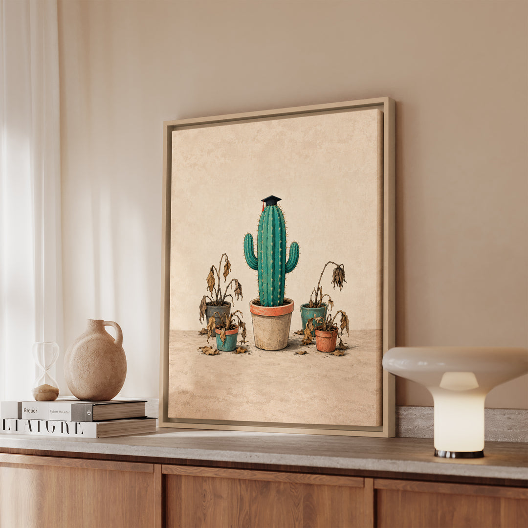 Survivor: Finals Week – Dorm Room Decor with a Cactus in a Graduation Cap – Framed Canvas Wall Art