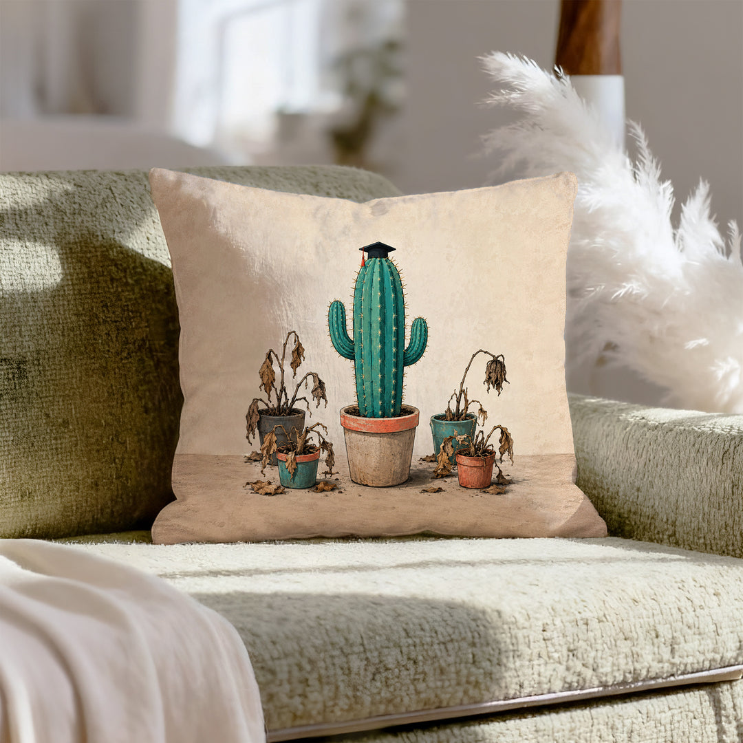 Survivor: Finals Week – Dorm Room Decor with a Cactus in a Graduation Cap – Pillow / Cover