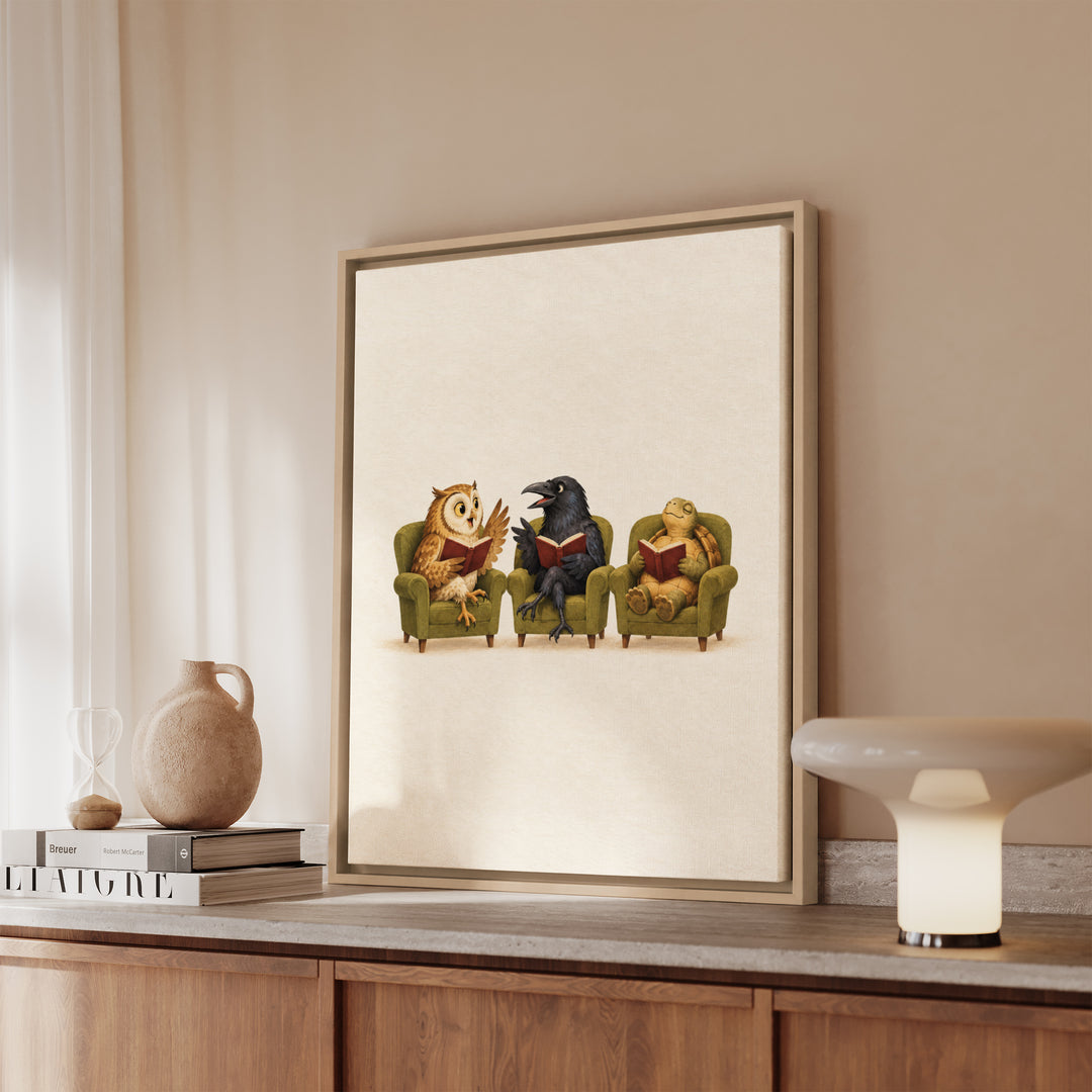 Book Club – Bookish Wall Art with an Owl and Raven Discussion – Framed Canvas Wall Art