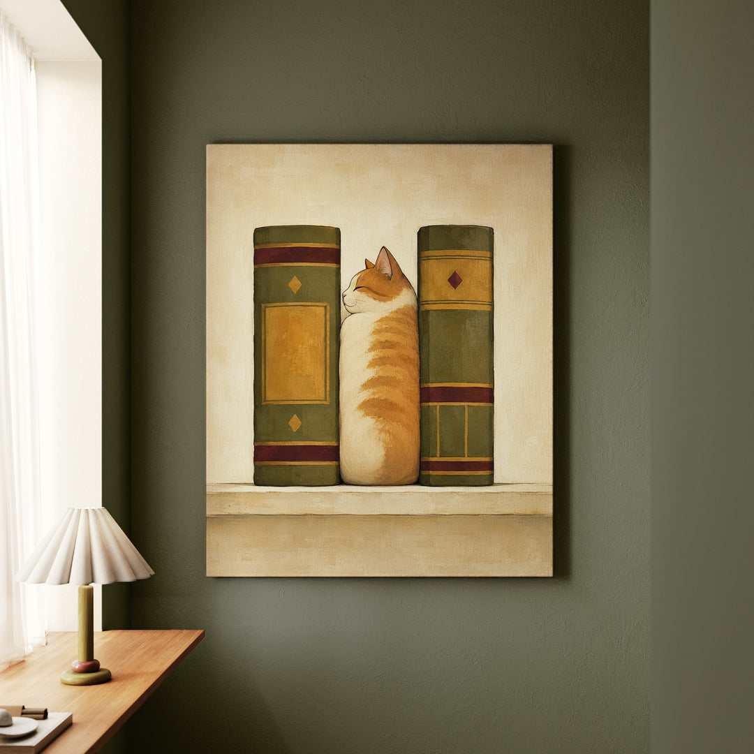 Shelf Loaf – Bookish Wall Art with a Cat Between Two Spines – Canvas Wall Art