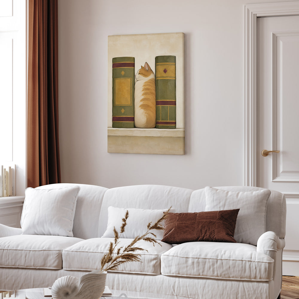 Shelf Loaf – Bookish Wall Art with a Cat Between Two Spines – Canvas Wall Art