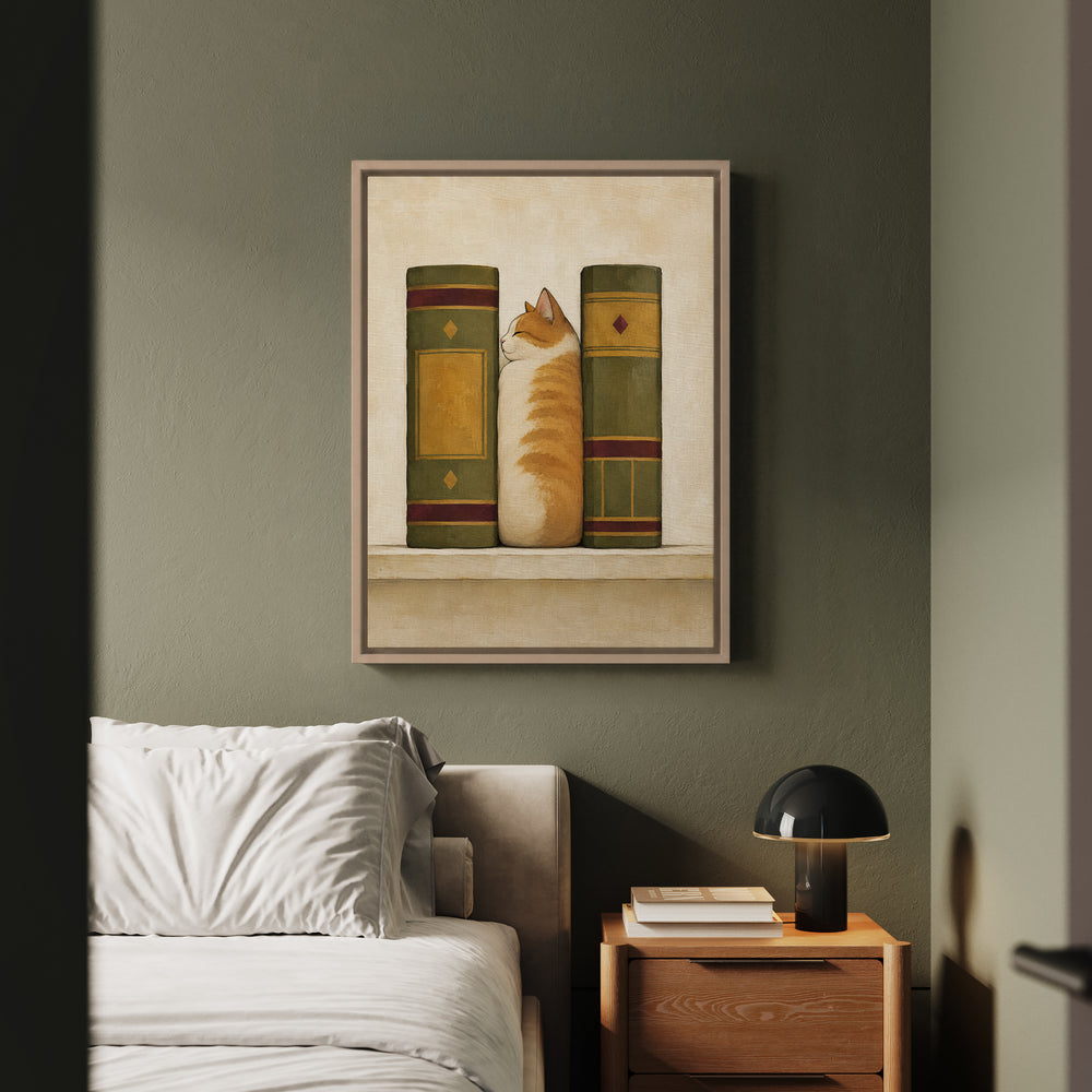 Shelf Loaf – Bookish Wall Art with a Cat Between Two Spines – Framed Canvas Wall Art