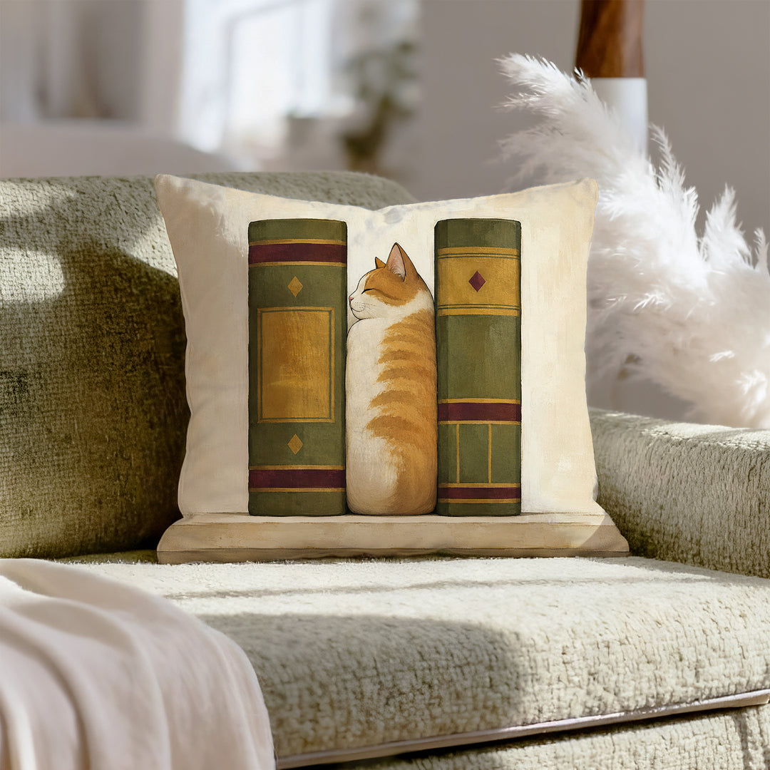 Shelf Loaf – Bookish Decor with a Cat Between Two Spines – Pillow Cover