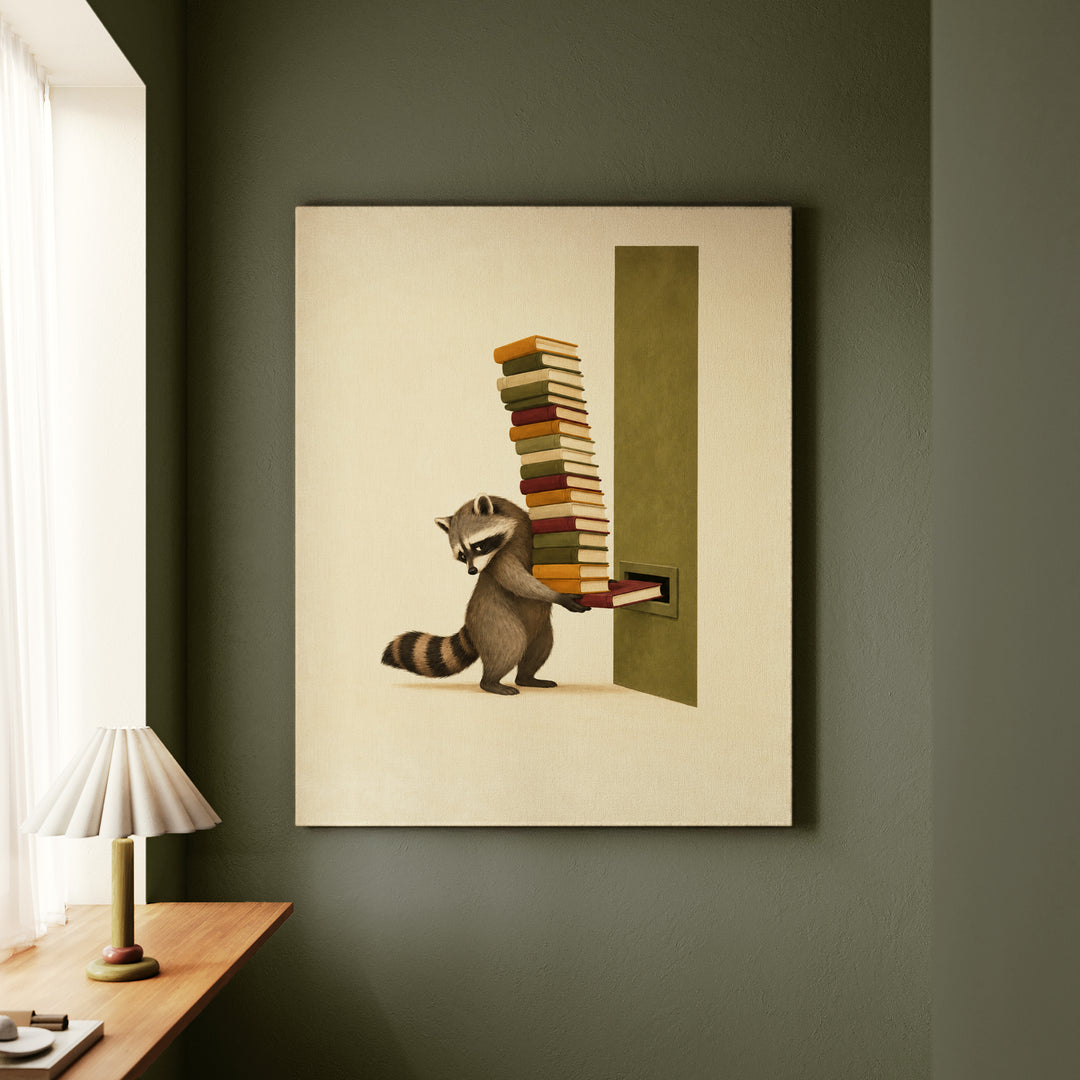 Overdue – Reading Nook Decor with a Towering Return Stack – Canvas / Framed Canvas