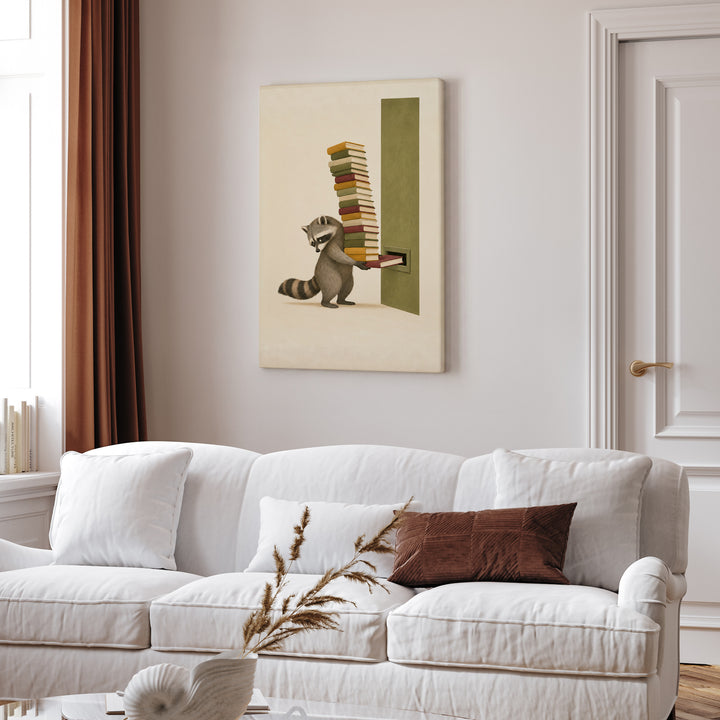 Overdue – Reading Nook Decor with a Towering Return Stack – Canvas Wall Art