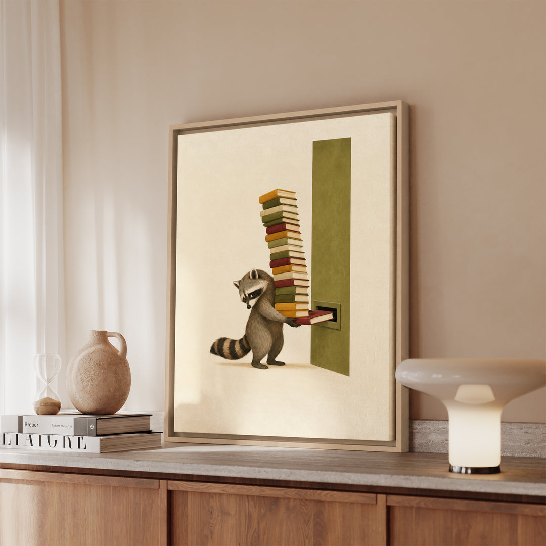 Overdue – Reading Nook Decor with a Towering Return Stack – Framed Canvas Wall Art