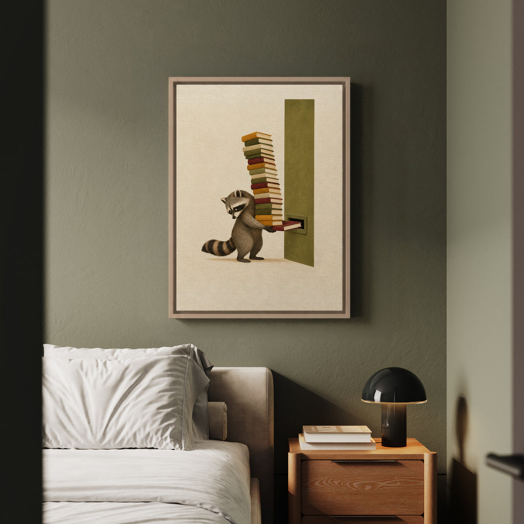 Overdue – Reading Nook Decor with a Towering Return Stack – Canvas / Framed Canvas