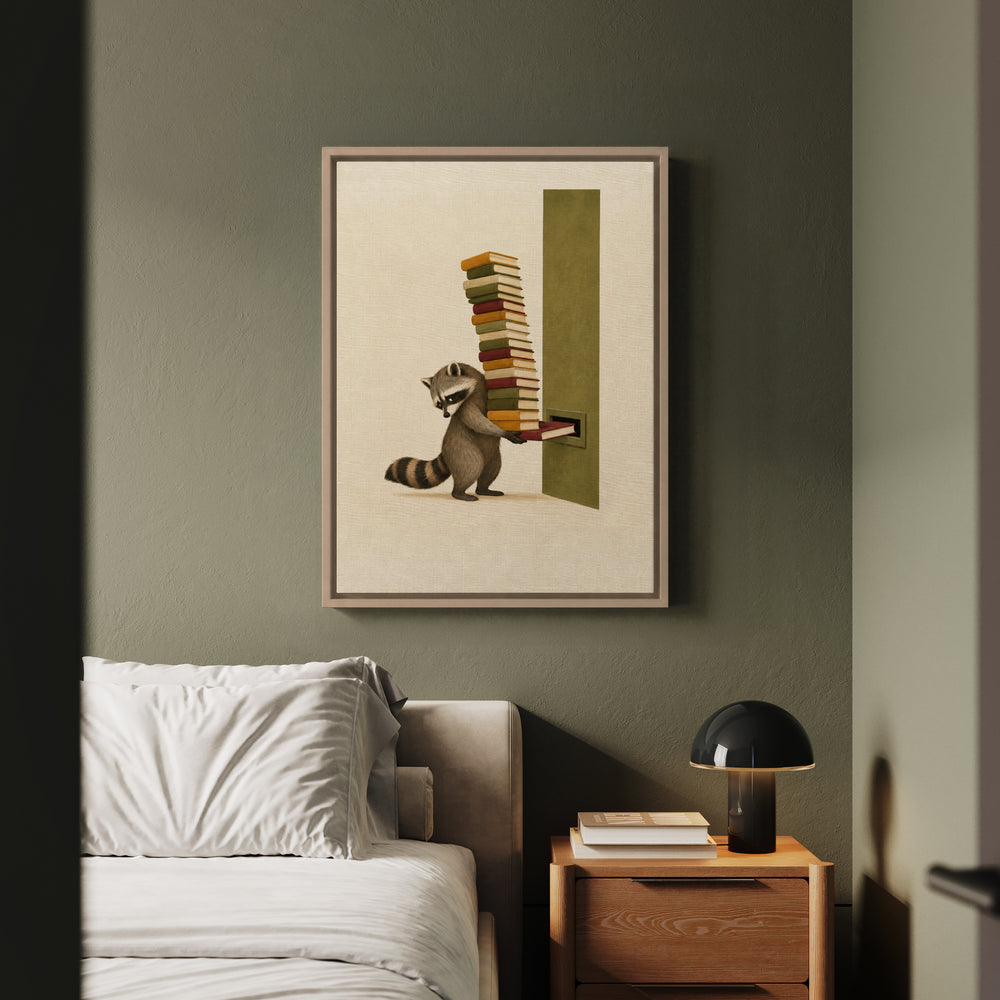 Overdue – Reading Nook Decor with a Towering Return Stack – Framed Canvas Wall Art