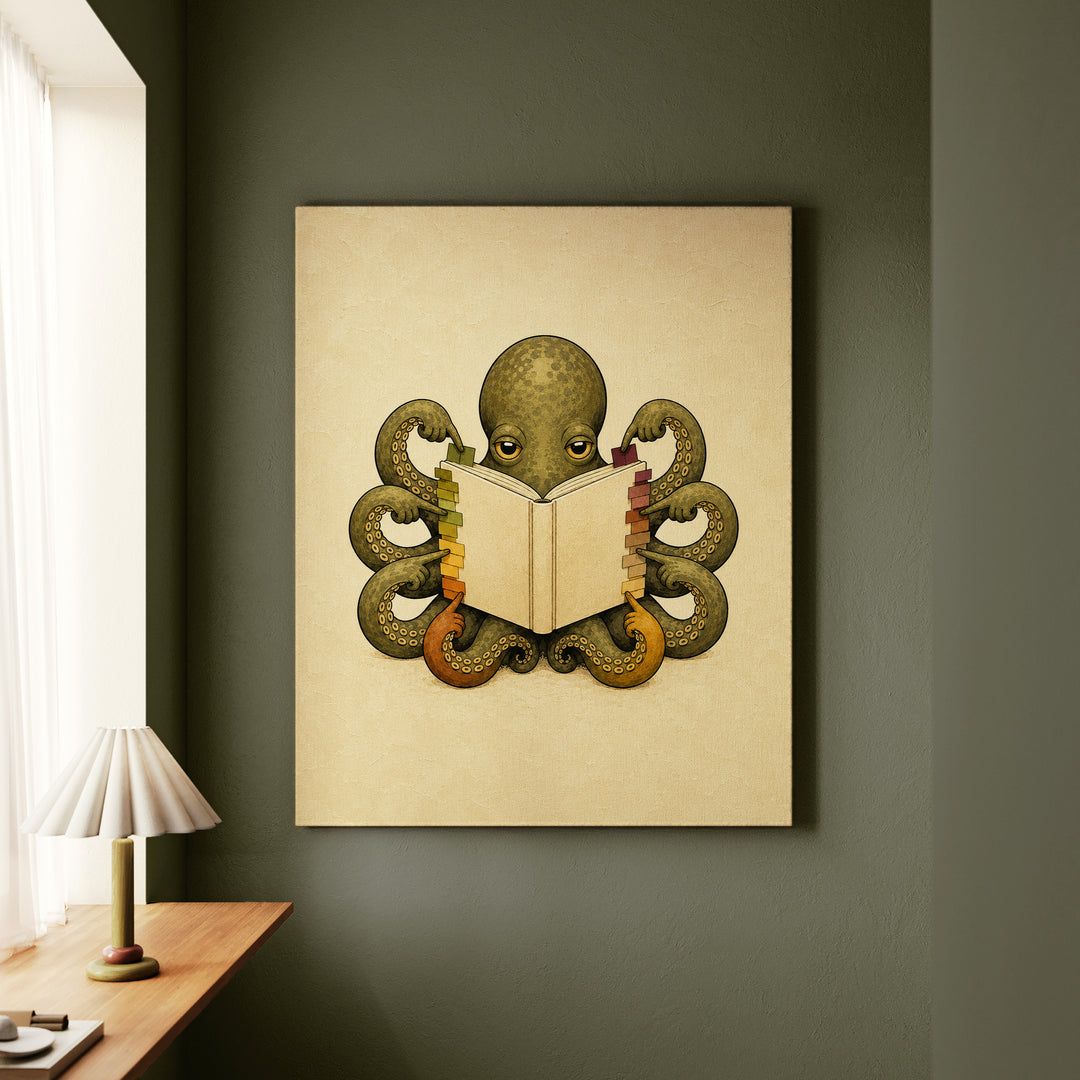 Fully Annotated – Book Lover Wall Art with an Octopus and Sticky Tabs – Canvas Wall Art