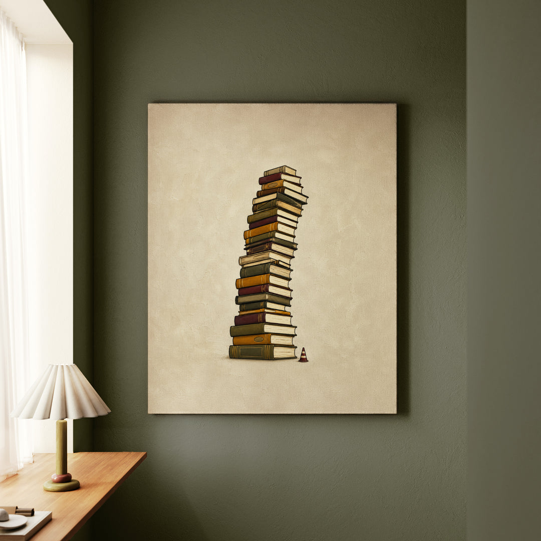 TBR Tower – Bookshelf Art with a Leaning Stack and a Cone – Canvas Wall Art