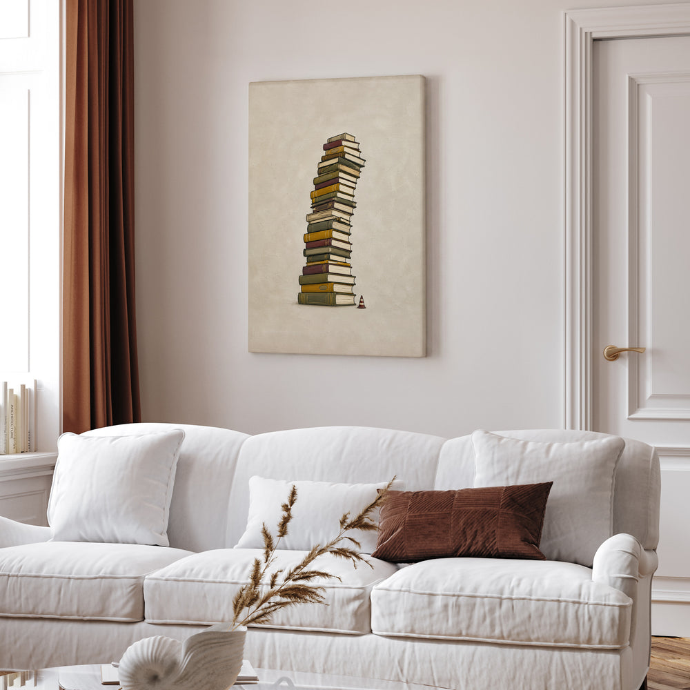 TBR Tower – Bookshelf Art with a Leaning Stack and a Cone – Canvas Wall Art