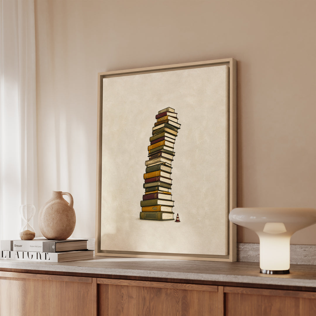 TBR Tower – Bookshelf Art with a Leaning Stack and a Cone – Framed Canvas Wall Art