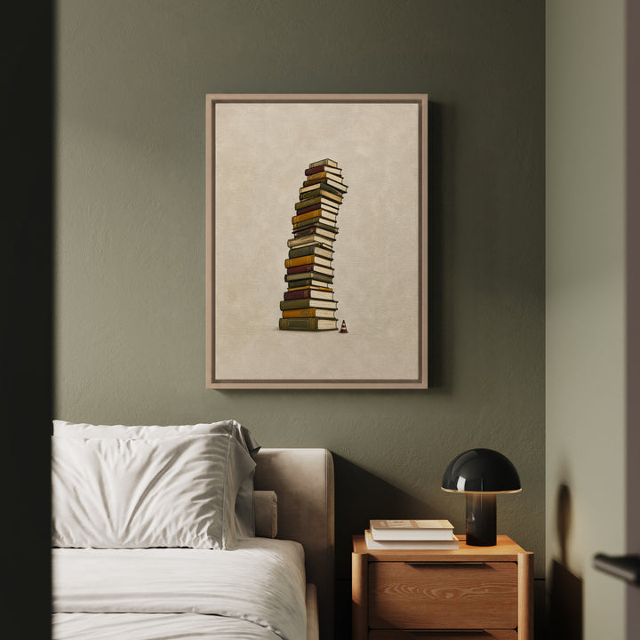 TBR Tower – Bookshelf Art with a Leaning Stack and a Cone – Framed Canvas Wall Art