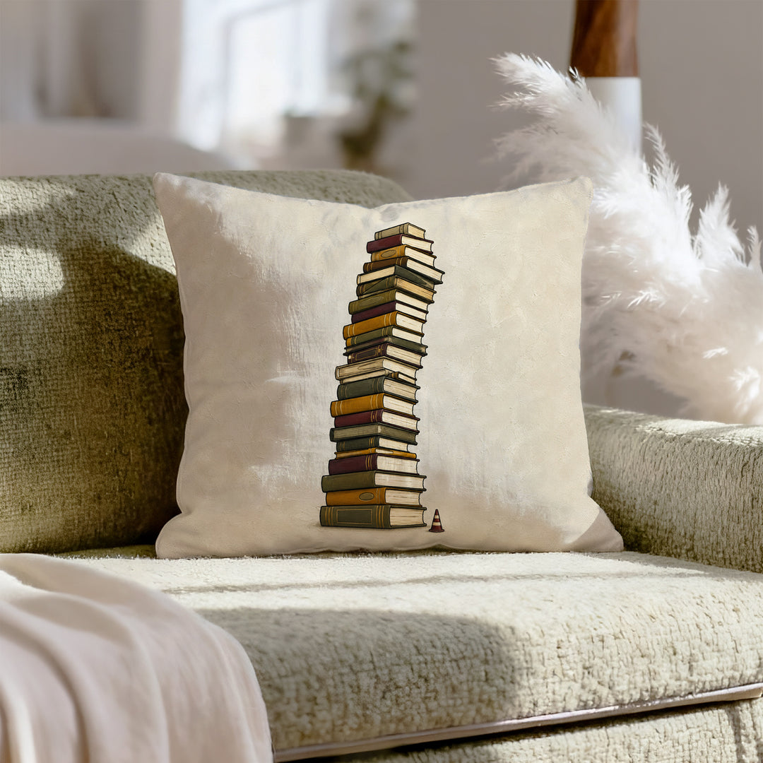 TBR Tower – Bookshelf Decor with a Leaning Stack and a Cone – Throw Pillow