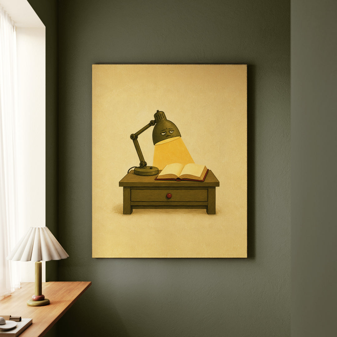 One More Chapter: The Lamp – Reading Lamp Art with a 2 AM Glow Over Pages – Canvas / Framed Canvas