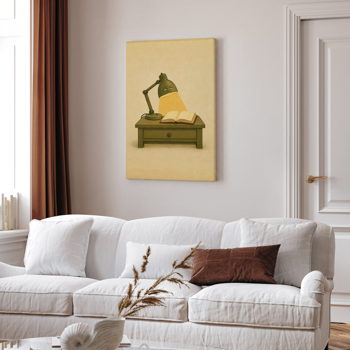 One More Chapter: The Lamp – Reading Lamp Art with a 2 AM Glow Over Pages – Canvas Wall Art