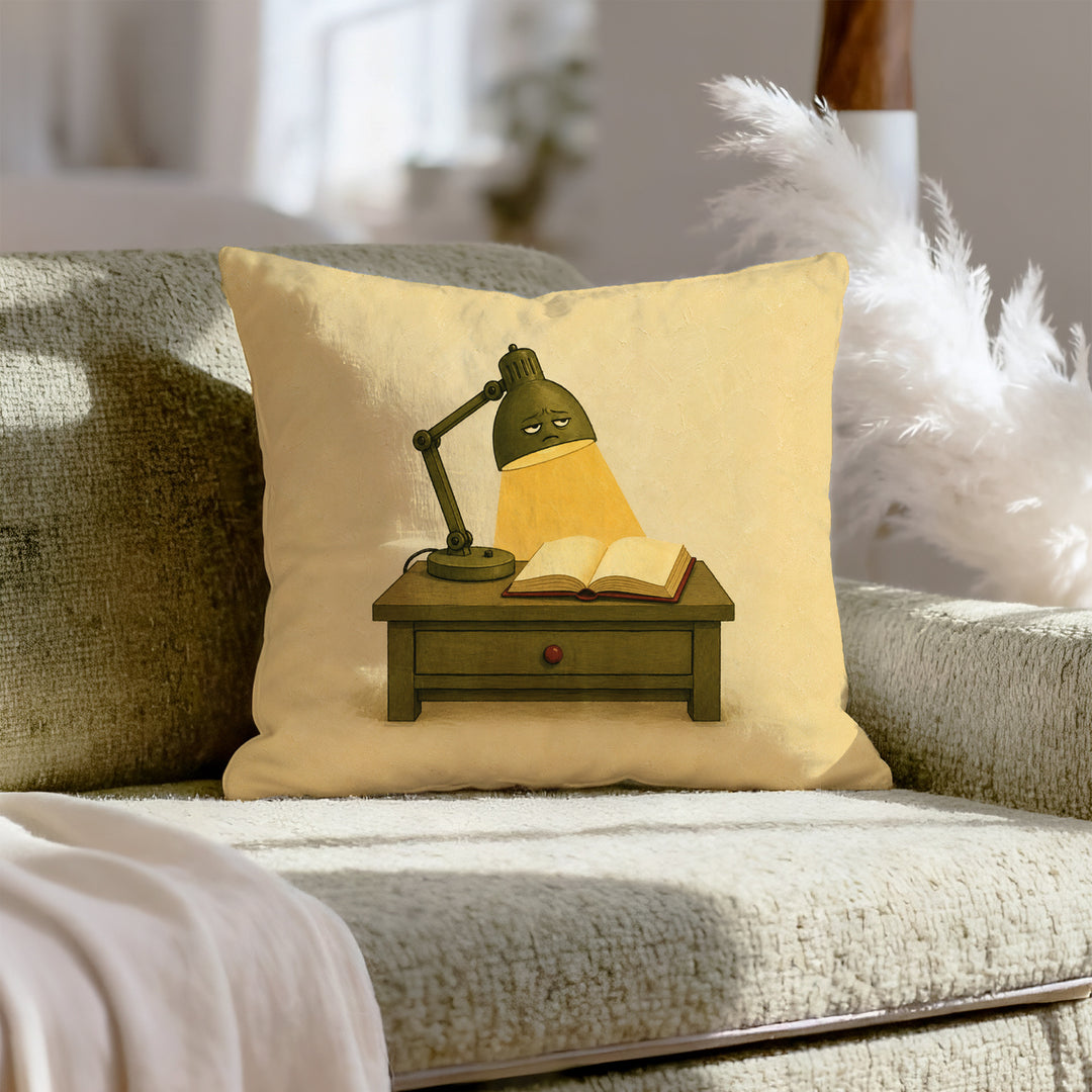 One More Chapter: The Lamp – Reading Lamp Decor with a 2 AM Glow Over Pages – Pillow Cover