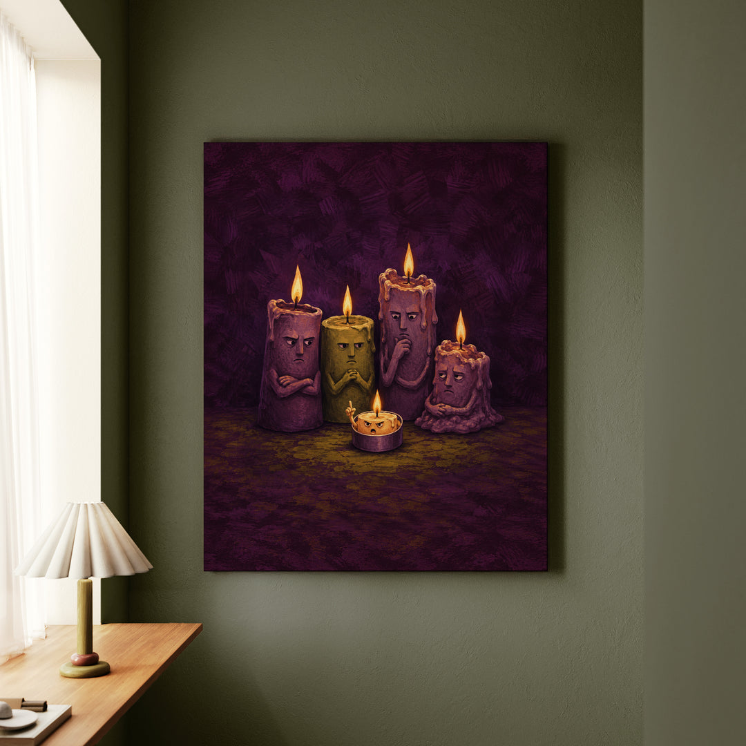 Candle Committee – Whimsigoth Decor with Five Candles in a Meeting – Canvas / Framed Canvas