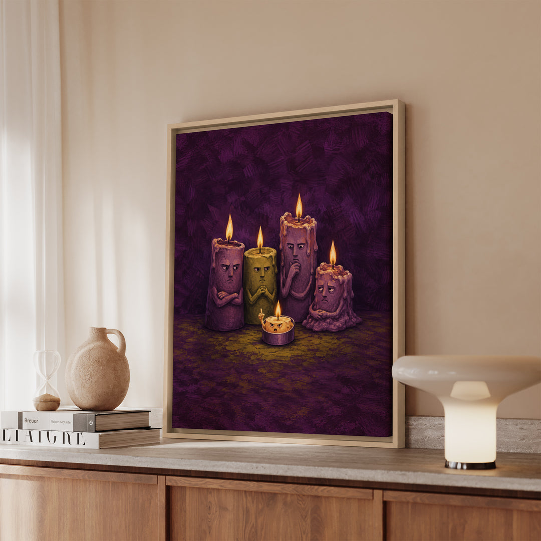 Candle Committee – Whimsigoth Decor with Five Candles in a Meeting – Framed Canvas Wall Art
