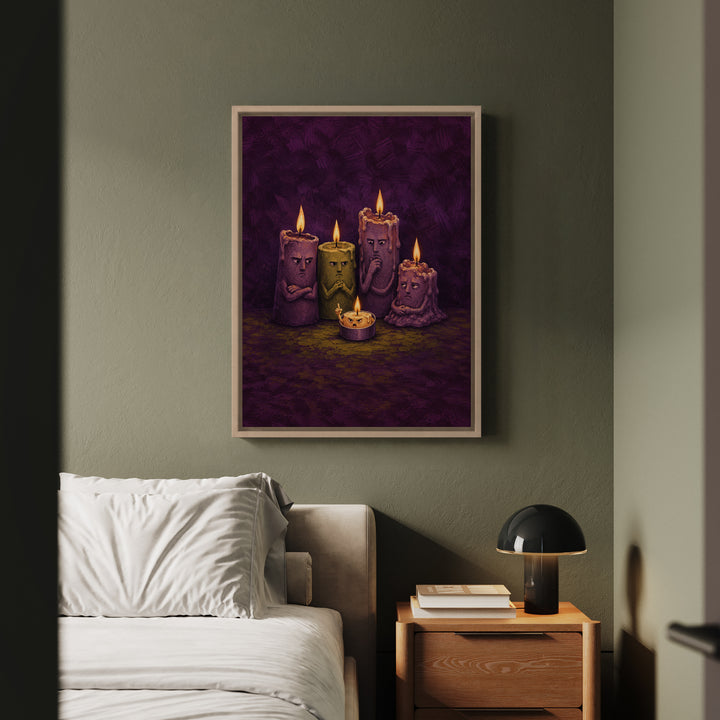 Candle Committee – Whimsigoth Decor with Five Candles in a Meeting – Framed Canvas Wall Art