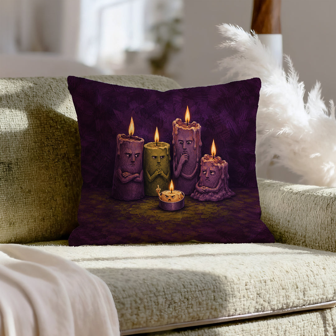 Candle Committee – Whimsigoth Decor with Five Candles in a Meeting – Throw Pillow