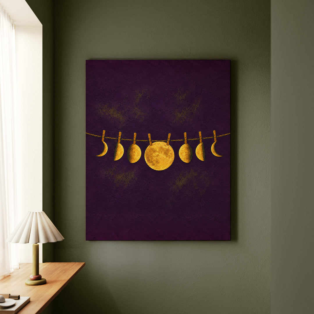 Moon Phase Garland – Celestial Wall Art with Phases Strung on a Line – Canvas Wall Art