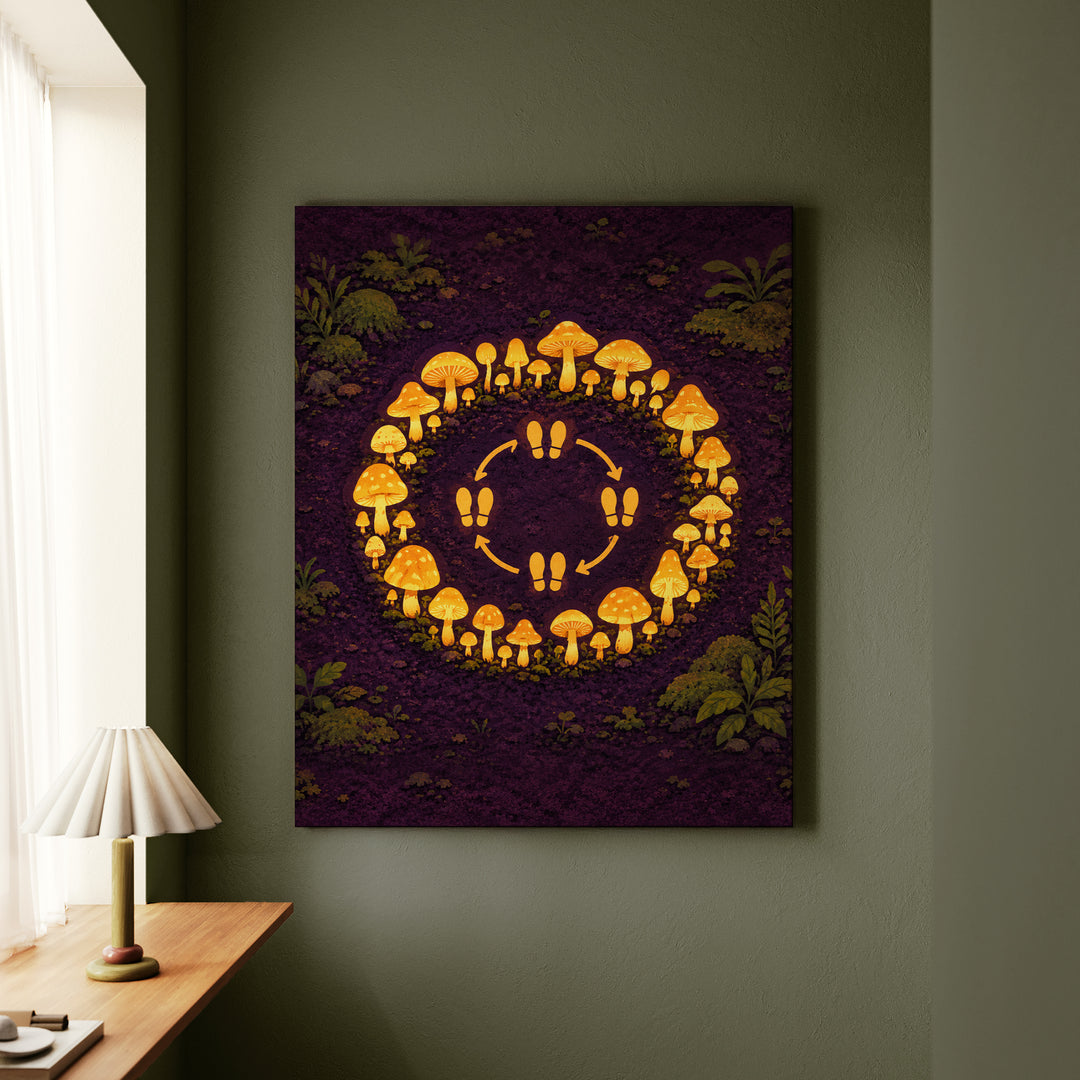 Midnight Mushroom Circle – Mushroom Wall Art with a Glowing Fairy Ring – Canvas / Framed Canvas