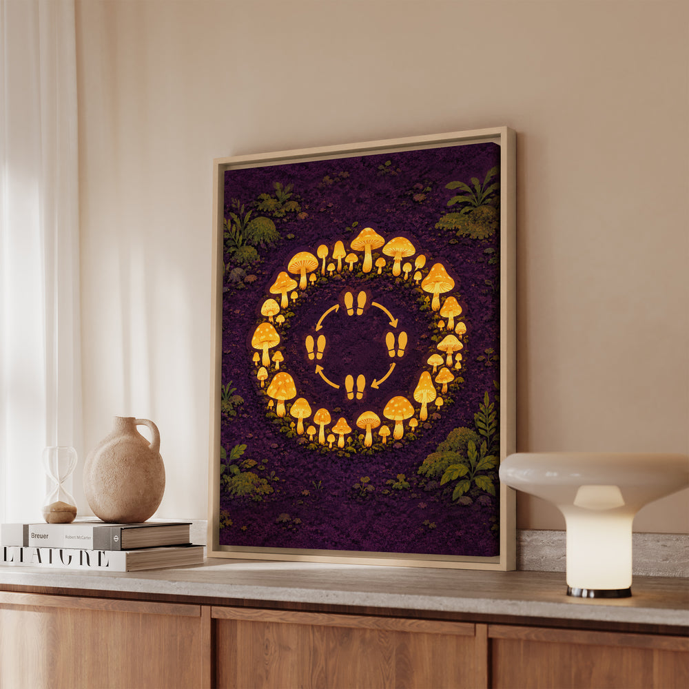 Midnight Mushroom Circle – Mushroom Wall Art with a Glowing Fairy Ring – Canvas / Framed Canvas