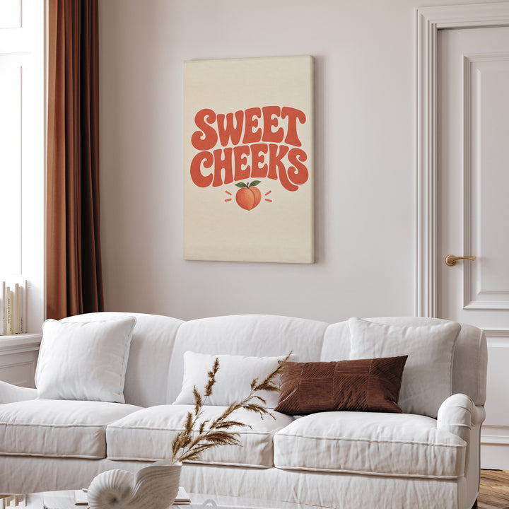 Sweet Cheeks – Funny Bathroom Wall Art with a Subtle Peach Below – Canvas Wall Art