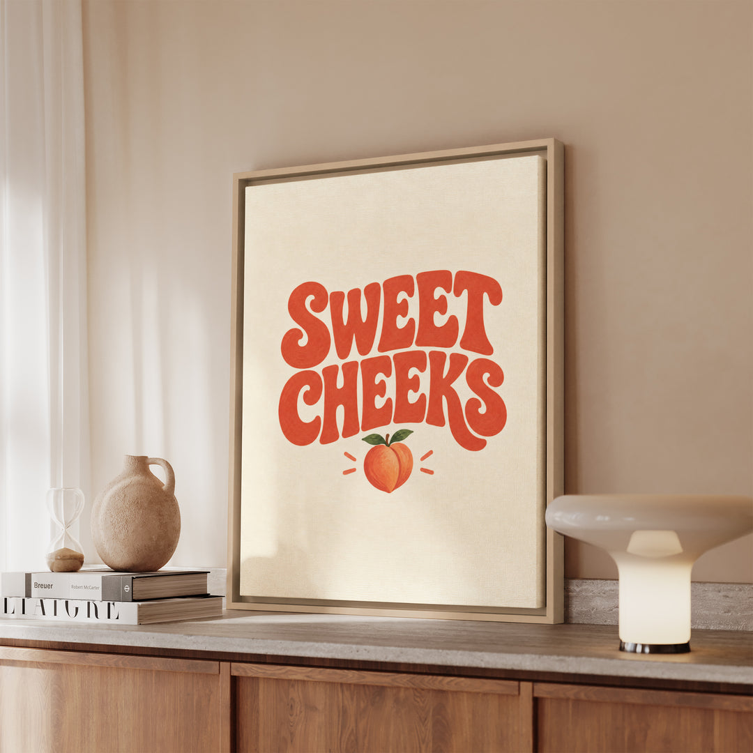 Sweet Cheeks – Funny Bathroom Wall Art with a Subtle Peach Below – Canvas / Framed Canvas