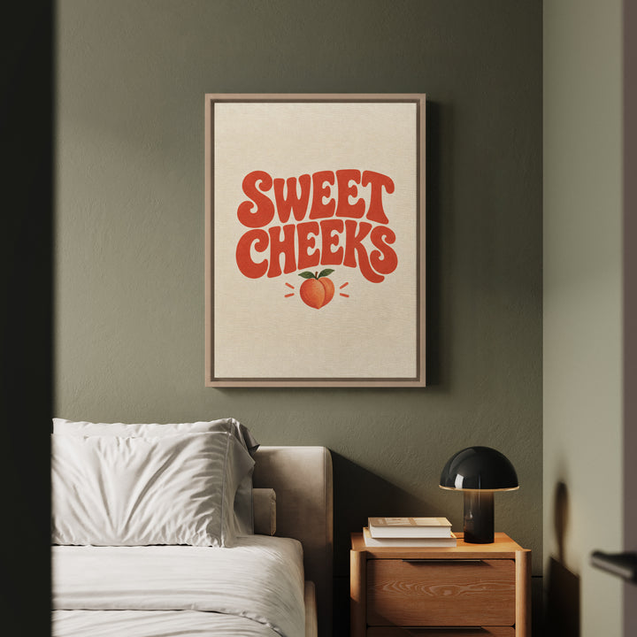 Sweet Cheeks – Funny Bathroom Wall Art with a Subtle Peach Below – Framed Canvas Wall Art