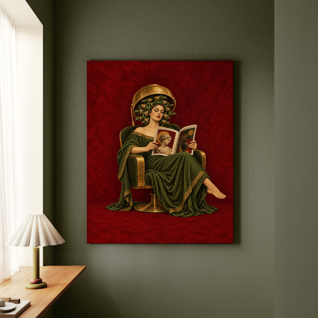 Medusa's Salon Day – Medusa Wall Art with a Dryer Hood and Curlers – Canvas Wall Art