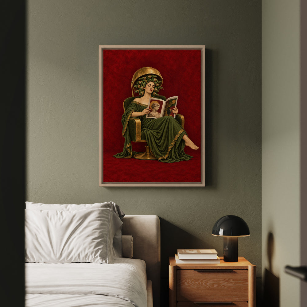 Medusa's Salon Day – Medusa Wall Art with a Dryer Hood and Curlers – Framed Canvas Wall Art