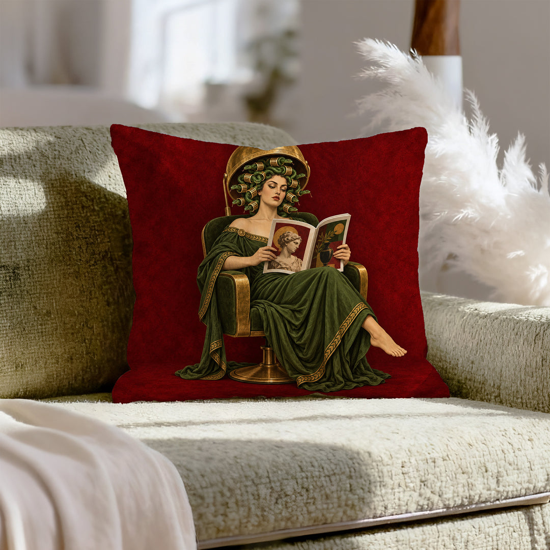 Medusa's Salon Day – Medusa Decor with a Dryer Hood and Curlers – Throw Pillow
