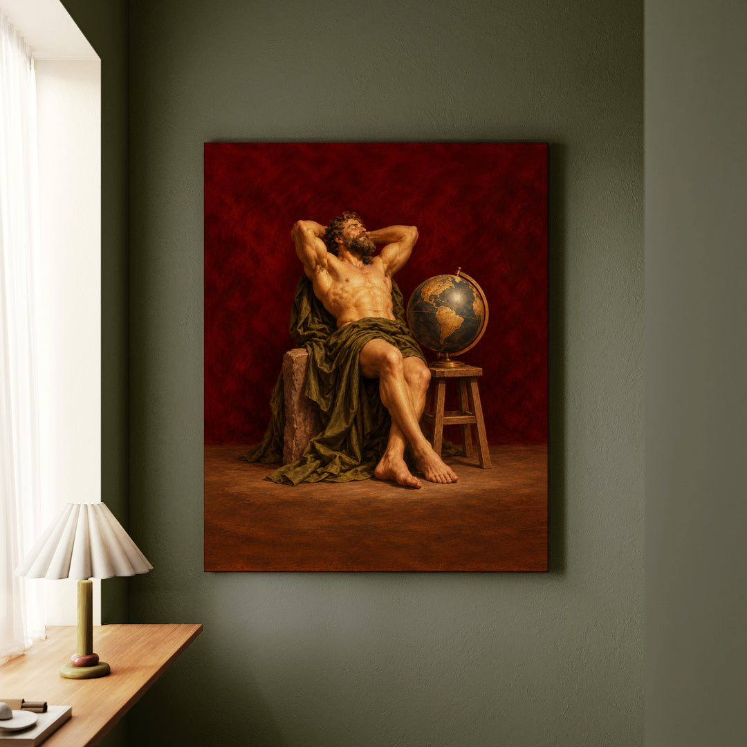 Atlas, On Break – Greek Mythology Wall Art with a Globe Set Down – Canvas / Framed Canvas
