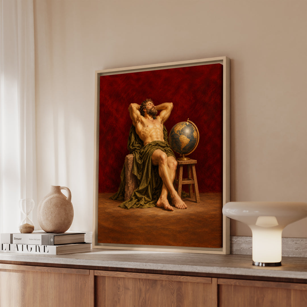Atlas, On Break – Greek Mythology Wall Art with a Globe Set Down – Framed Canvas Wall Art