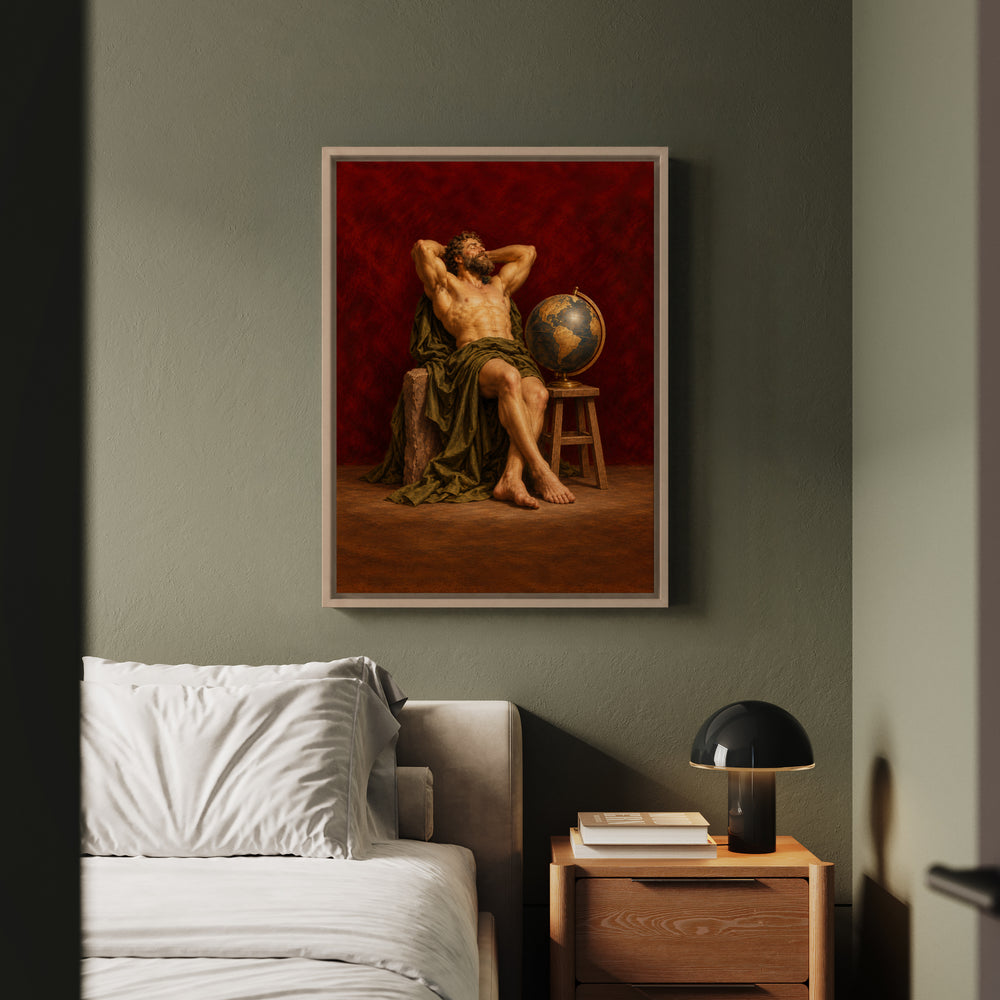 Atlas, On Break – Greek Mythology Wall Art with a Globe Set Down – Framed Canvas Wall Art